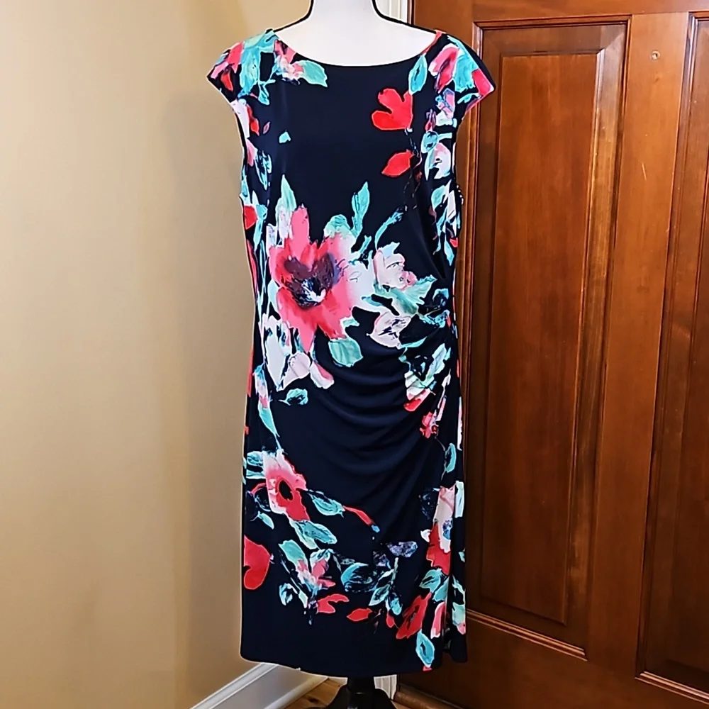 LAUREN RALPH LAUREN DRESS FLORAL 16 BLACK PINK GREEN WHITE Cap Sleeves - Picture 1 of 12